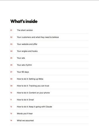 The contents of a RetainerFree growth playbook: the short version, your customers, your website and offer, your angles, your ads, your ads rhythm, your 90 days, and how-to chapters